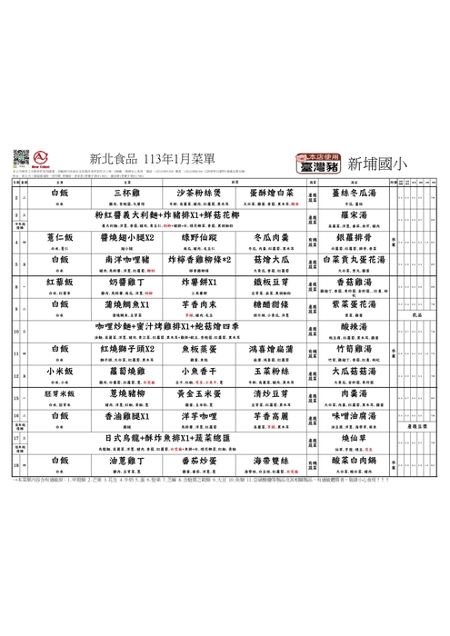 新北食品113年1月菜單(新埔國小)