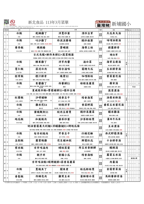 新北食品113年3月菜單(新埔國小)