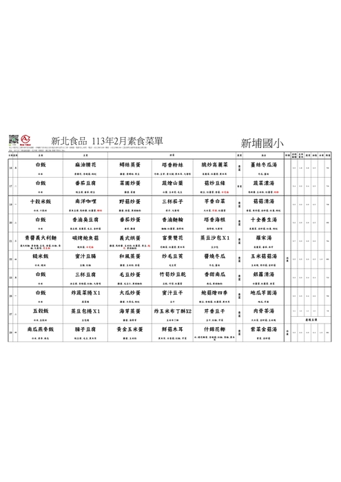 新北食品113年2月素食菜單(新埔國小)